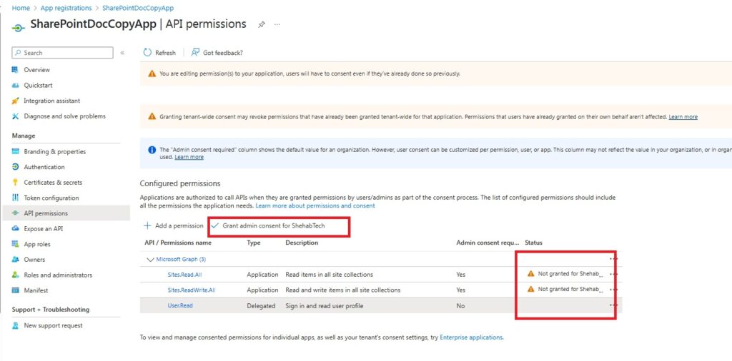 Grant admin consent for Sharepoint Site 