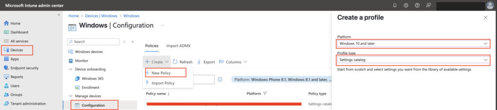Create Intune New Policy