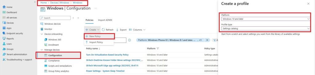 Intune - Create New Policy Intune