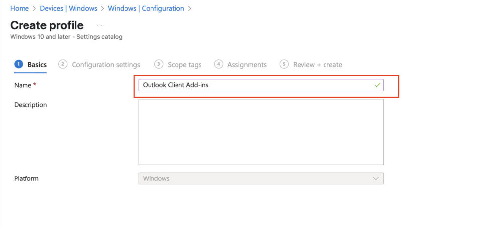 Create Oulook Client Add-ins Profile Name
