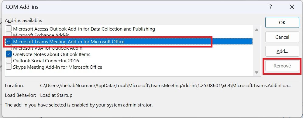 Outlook Client Add-ins - Teams always enable
