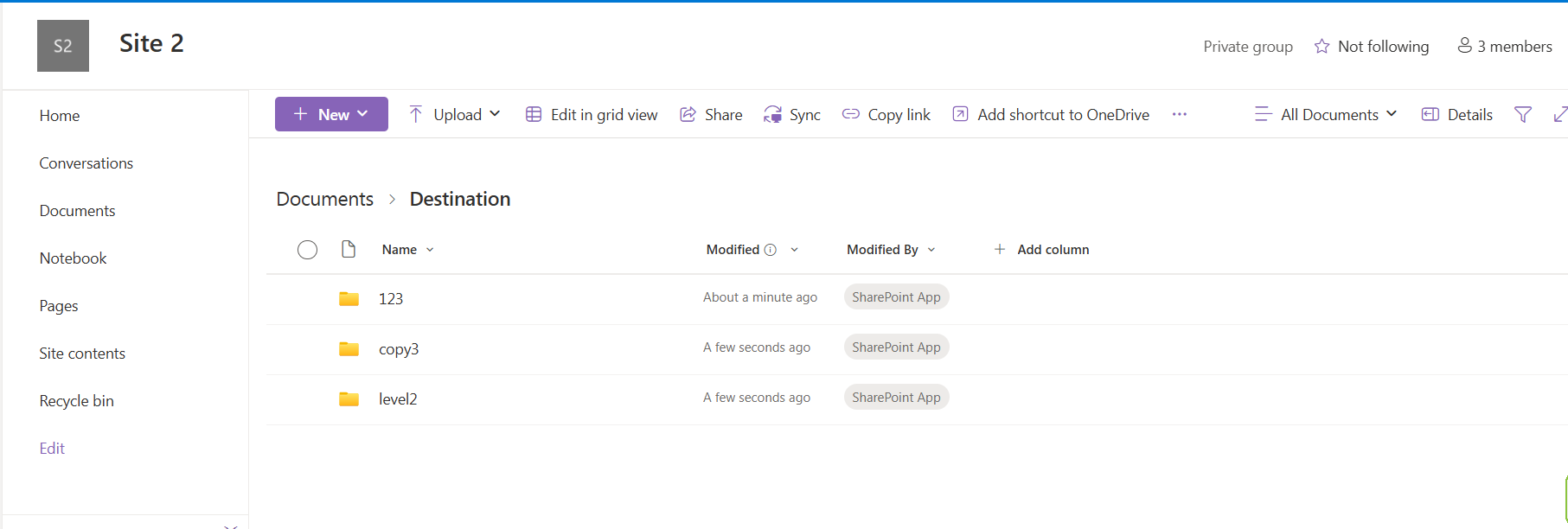 SharePoint Site 2 after the migration