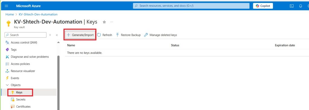 Cenerate Azure Vault Keys