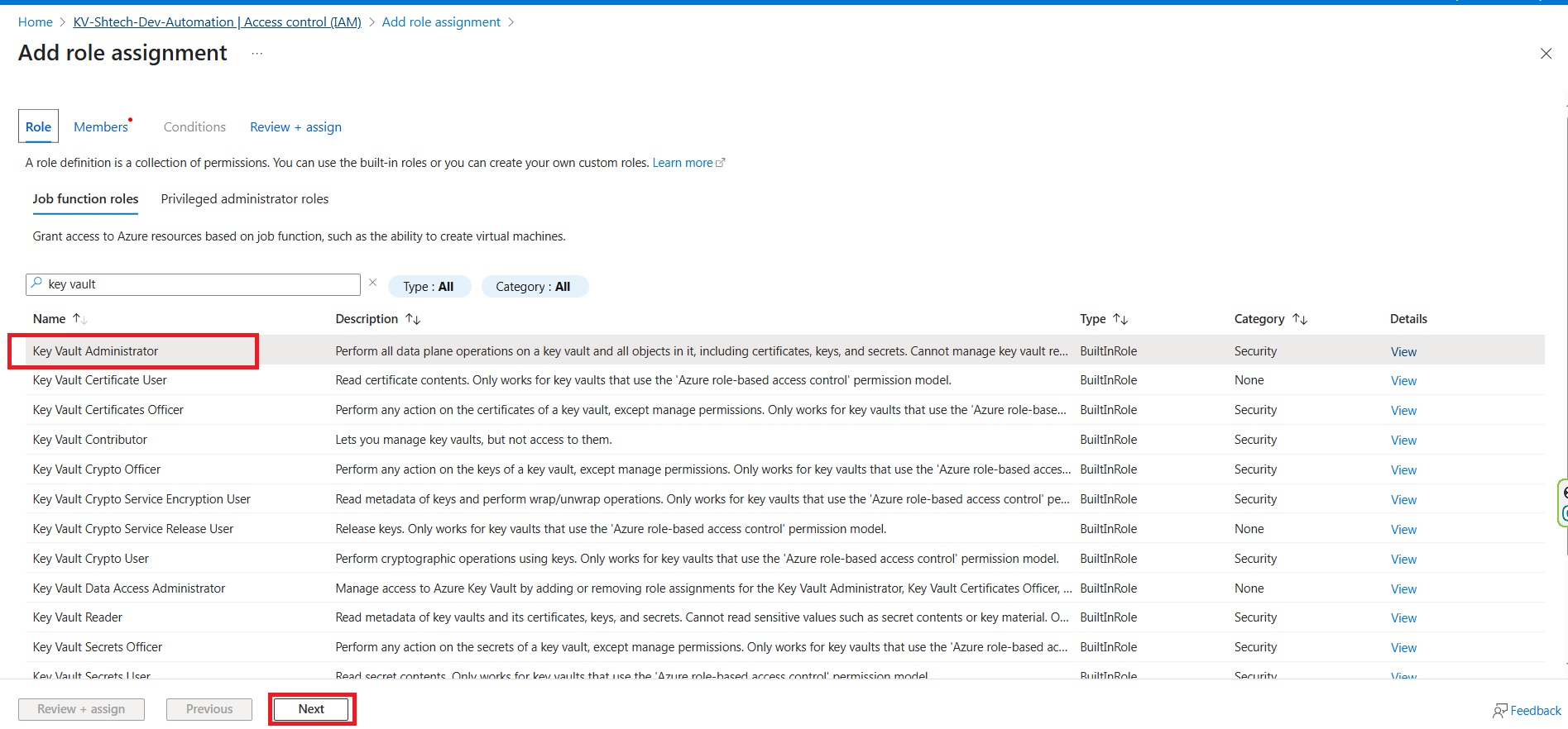 Select the Key Vault access role