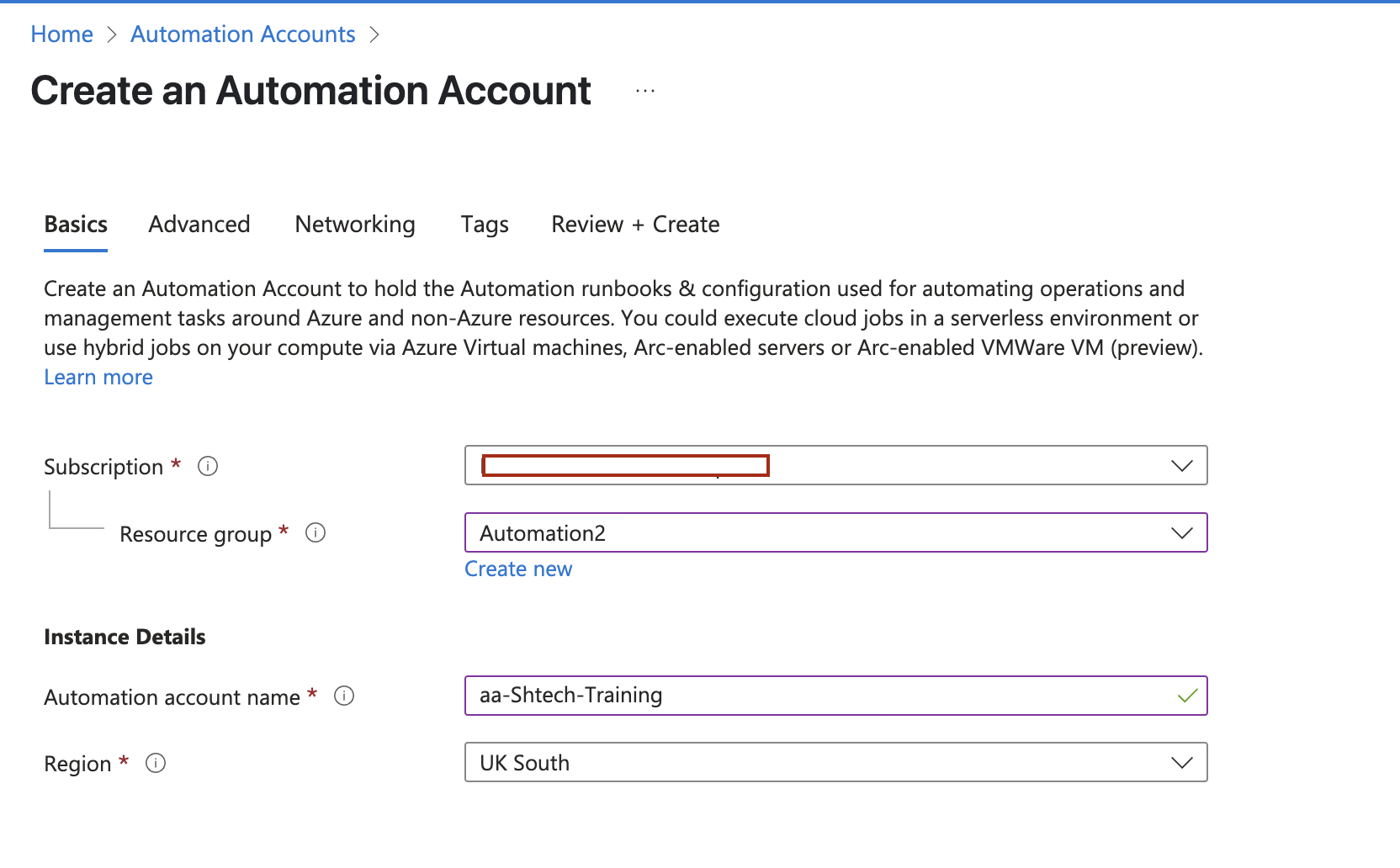 Create Azure Automation Account
