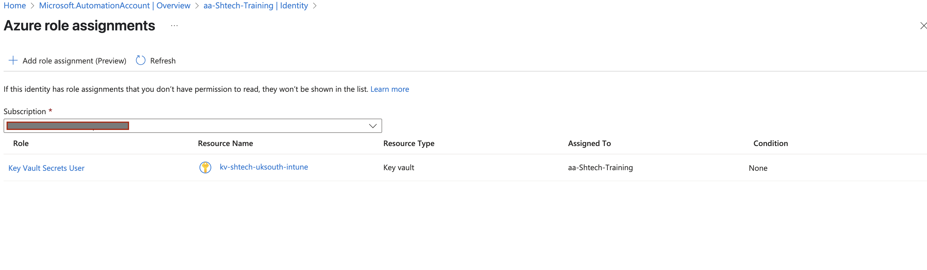 Azure Account identity added to azure Vault