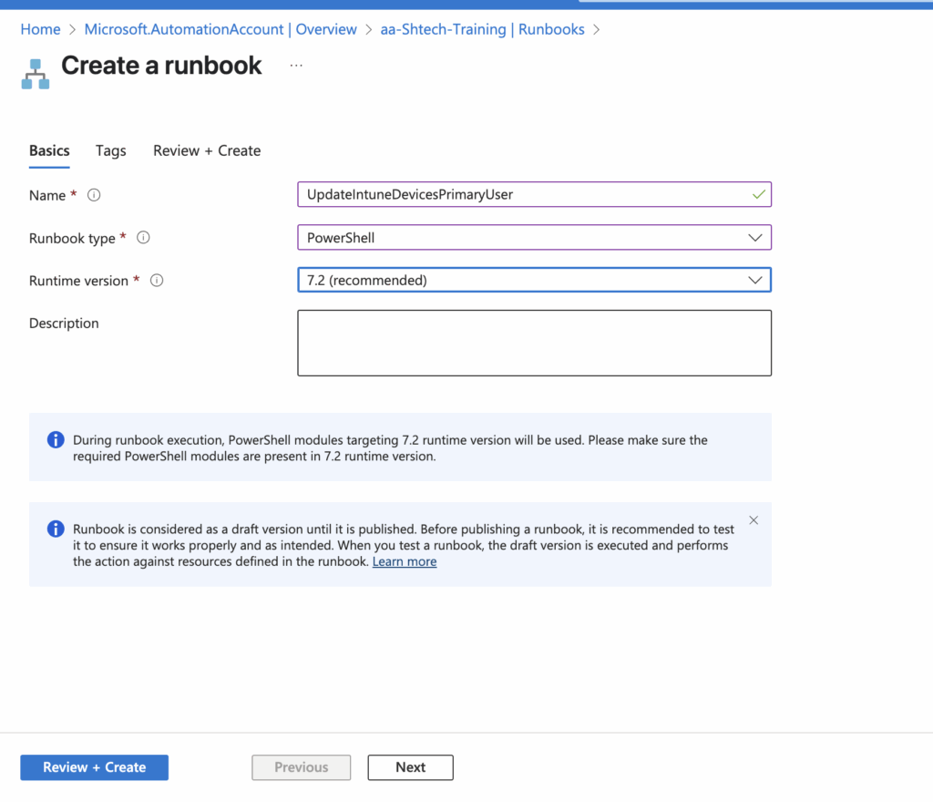 Creating a runbook to automat powrshell script