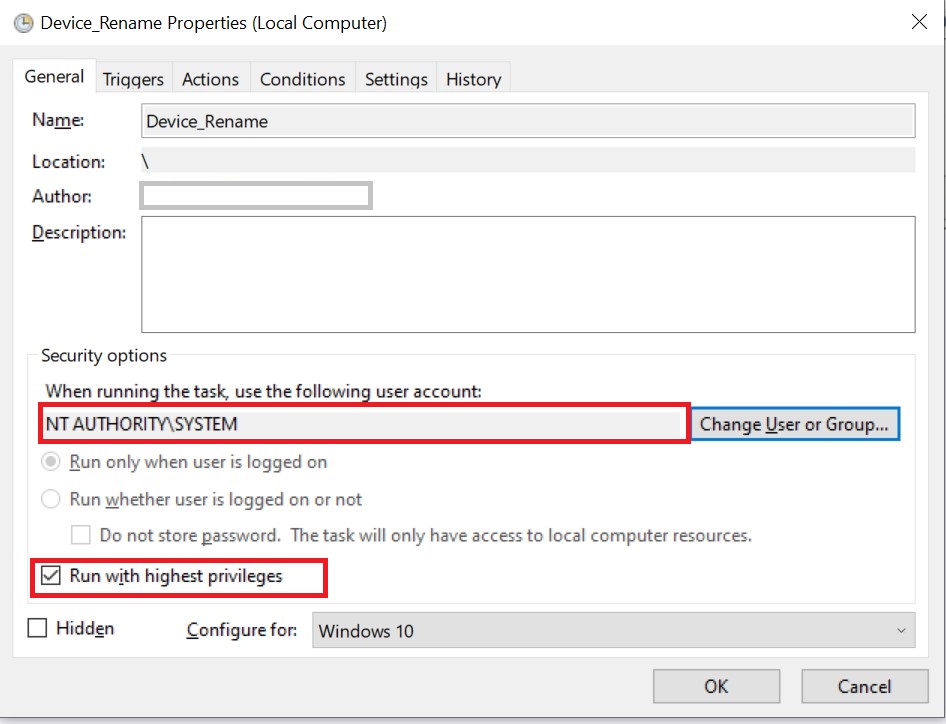 Task Scheduler Security Options